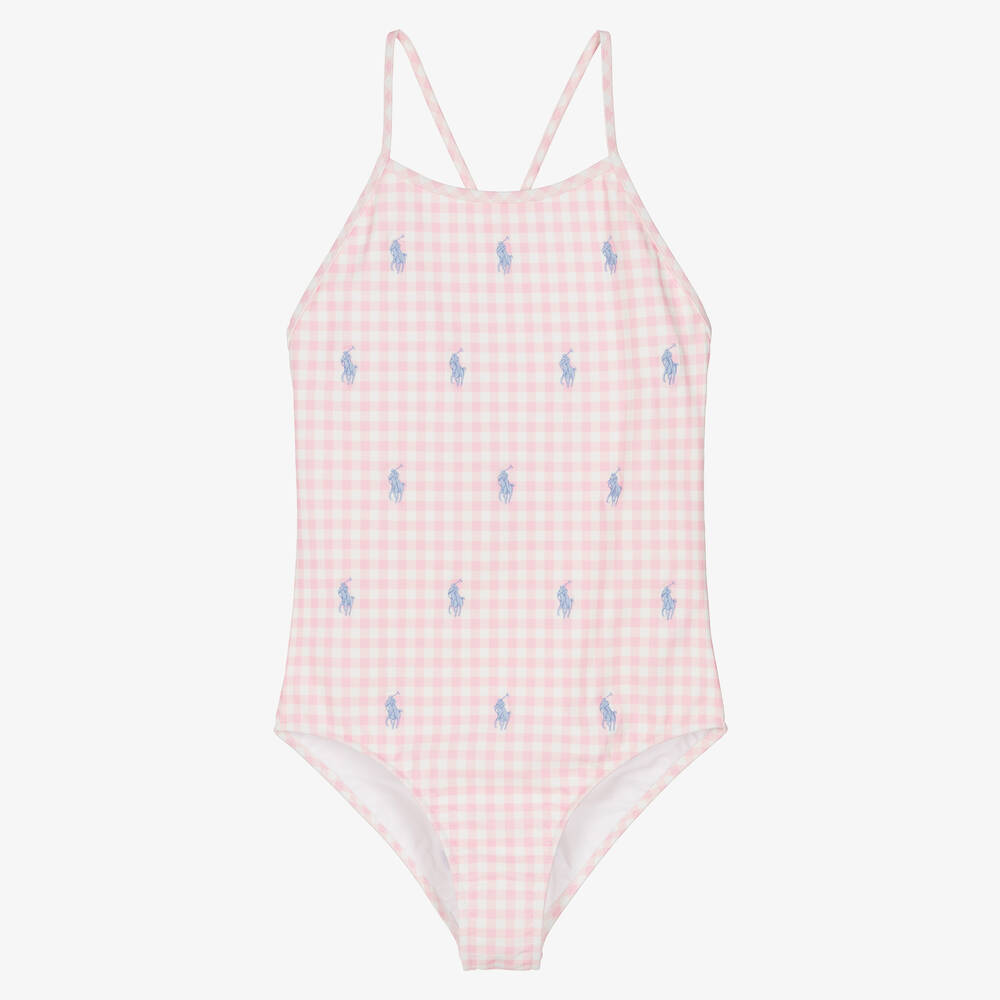 Ralph Lauren - Teen Girls Pink Gingham Pony Swimsuit | Childrensalon
