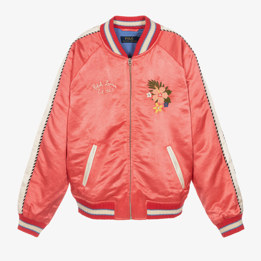 Ralph Lauren Kids' Floral-embroidered Satin Bomber Jacket In Pink