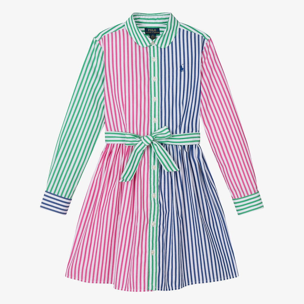Ralph Lauren - فستان قميص قطن بوبلين مقلّم لون زهري للمراهقات | Childrensalon