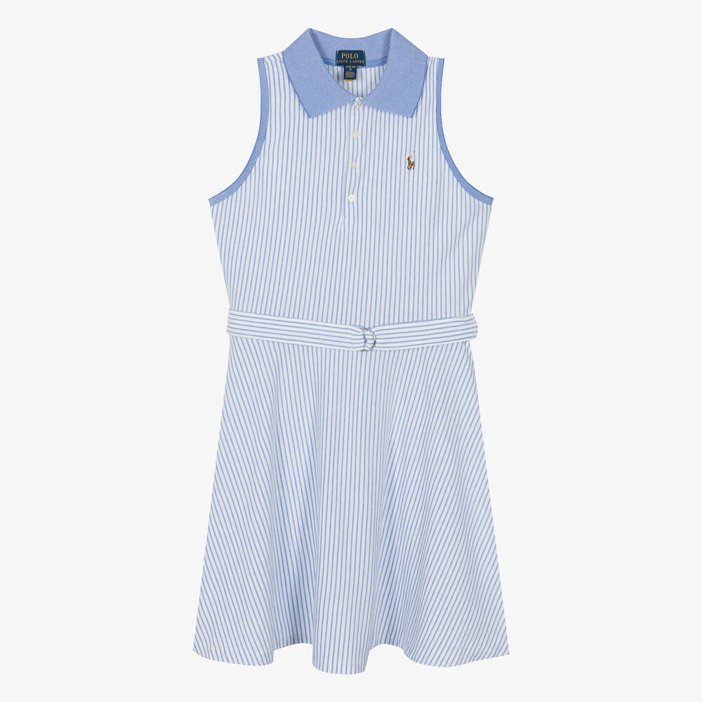 Ralph Lauren - فستان قطن بيكيه مقلم لون أبيض وأزرق للمراهقات | Childrensalon