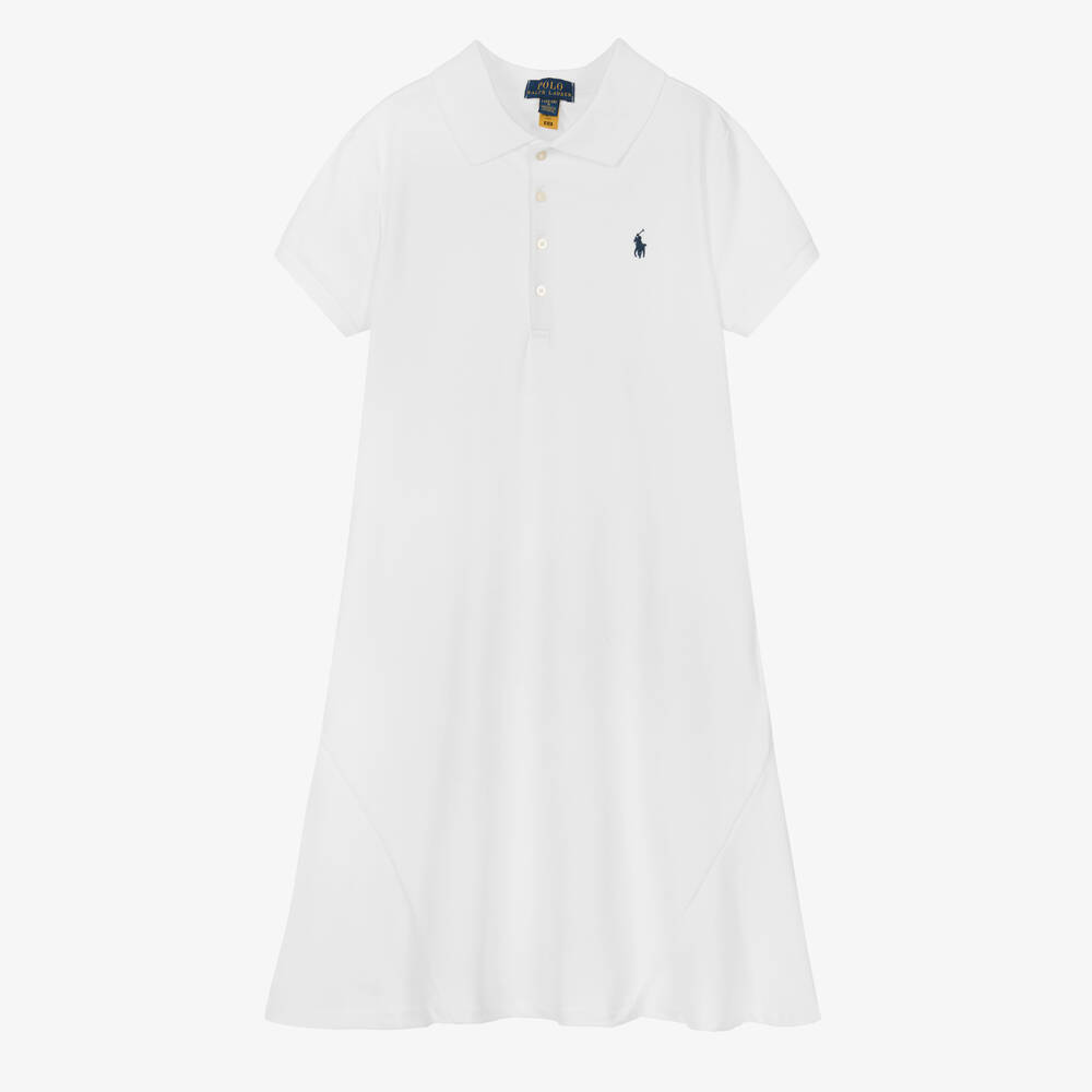 Ralph Lauren - فستان بولو قطن بيكيه لون أبيض للمراهقات | Childrensalon