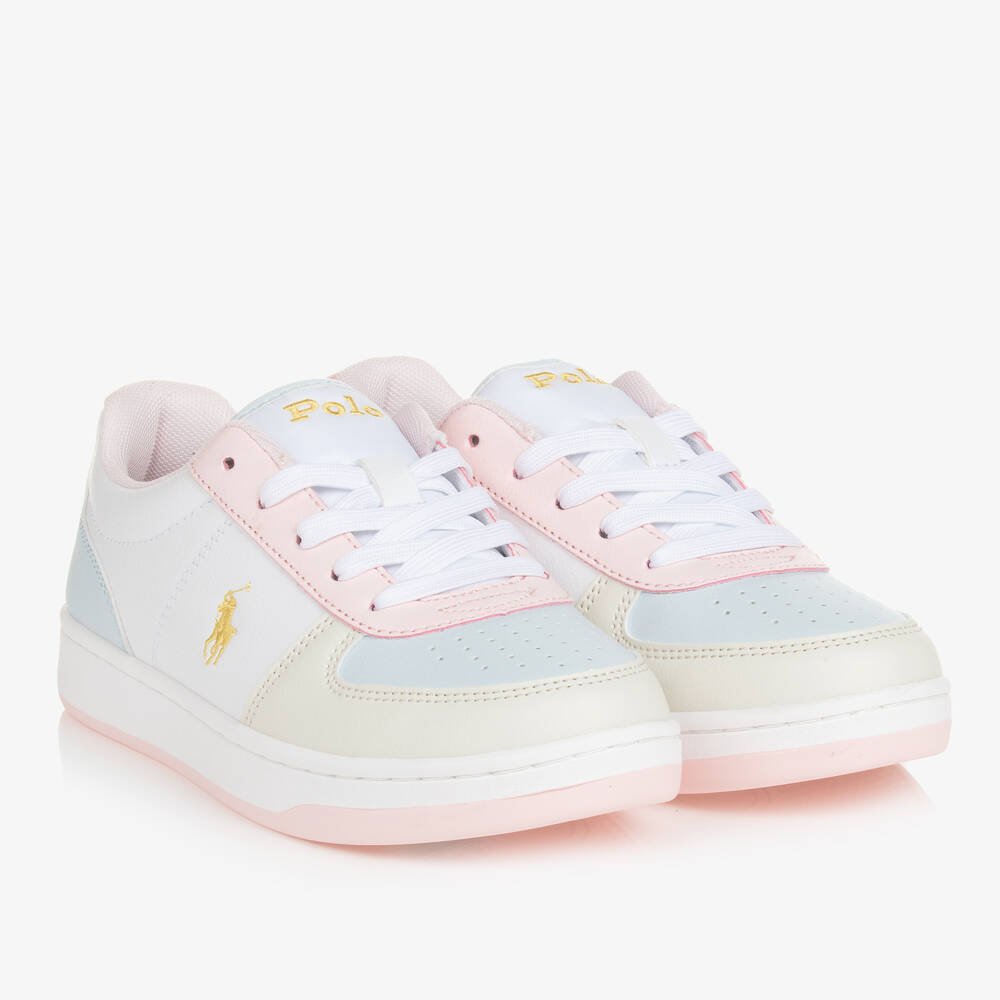 Ralph Lauren Teen Girls White Faux Leather Trainers In Multi