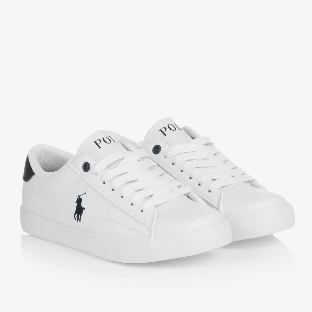 Ralph Lauren - حذاء رياضي بأربطة جلد صناعي لون أبيض وكحلي | Childrensalon