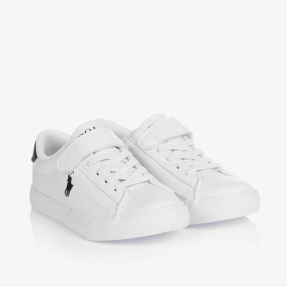 Ralph Lauren - حذاء رياضي بشريط لاصق جلد صناعي لون أبيض وكحلي | Childrensalon