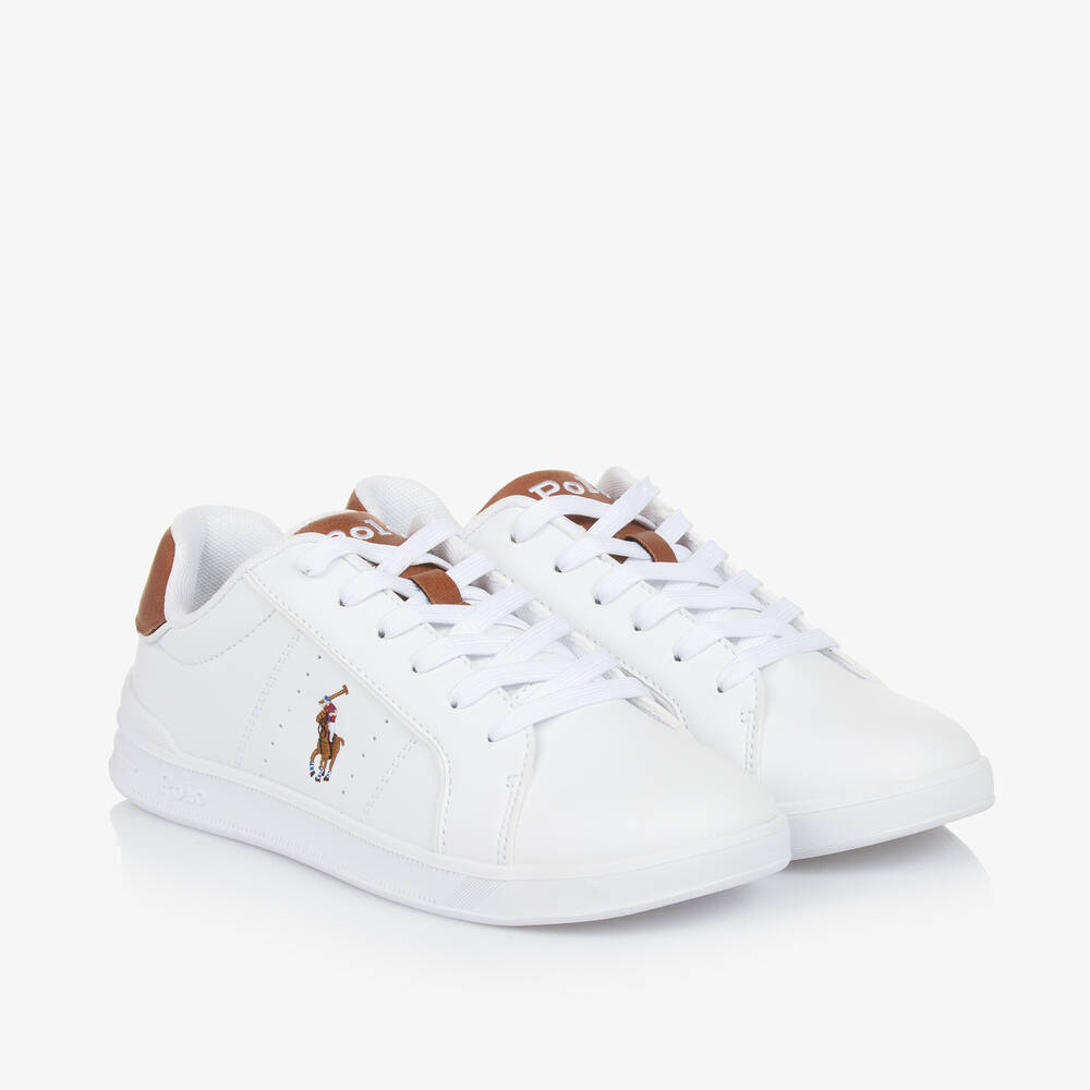 Ralph Lauren - White & Brown Lace-Up Trainers | Childrensalon