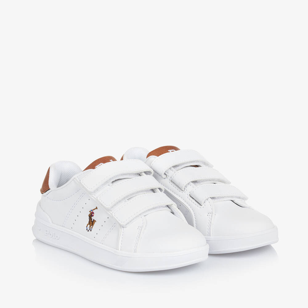 Ralph Lauren - White & Brown Velcro Trainers | Childrensalon