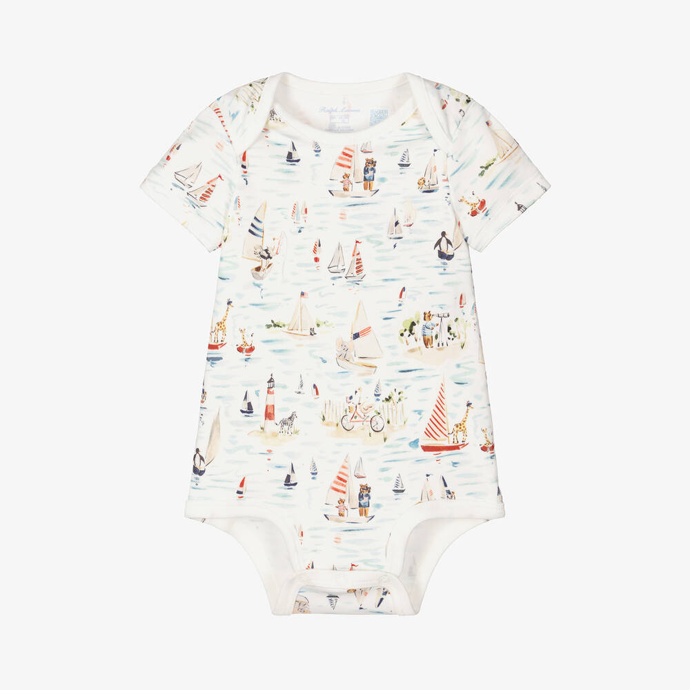 Ralph Lauren - White Nautical Print Cotton Bodyvest | Childrensalon