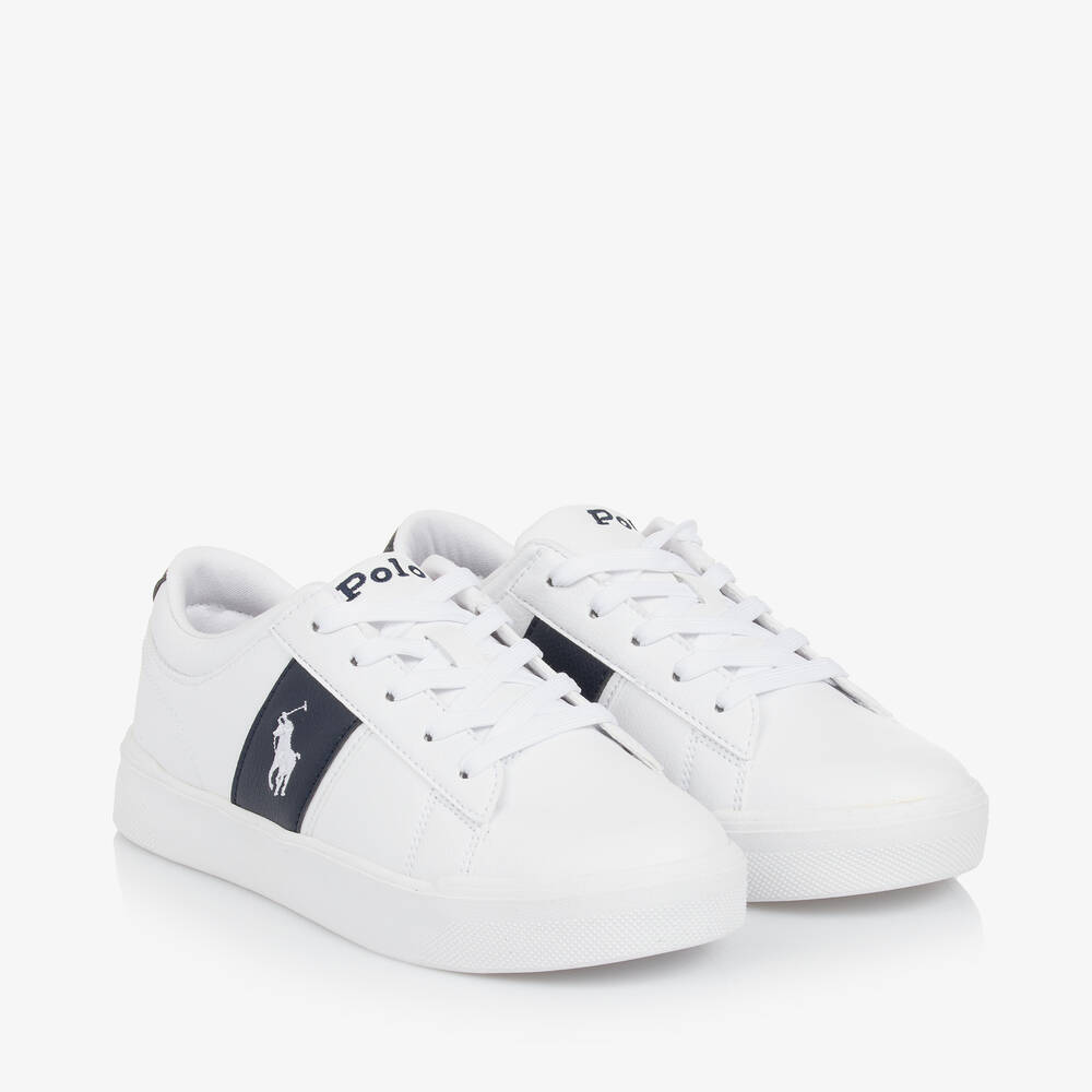 Ralph Lauren - White & Navy Blue Lace-Up Trainers | Childrensalon