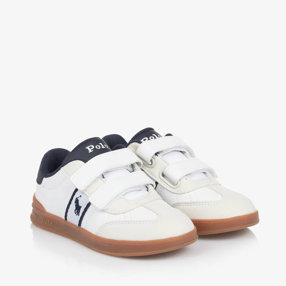 Ralph Lauren - White & Navy Blue Velcro Trainers | Childrensalon