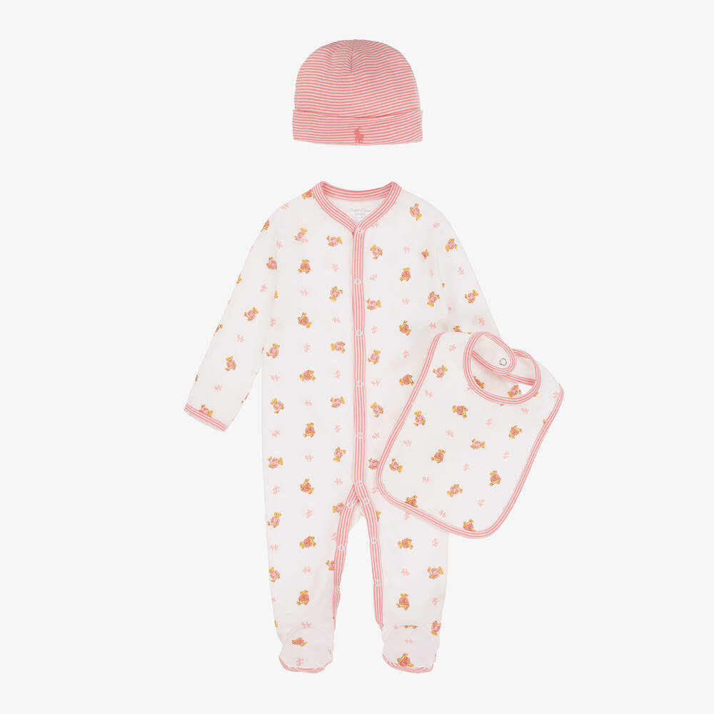 Ralph Lauren - White & Pink Cotton Polo Bear Babysuit Set | Childrensalon