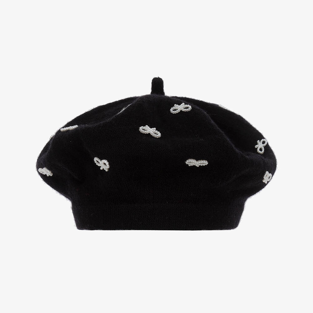 RaspberryPlum - Girls Black Pearl Bow Wool Beret | Childrensalon