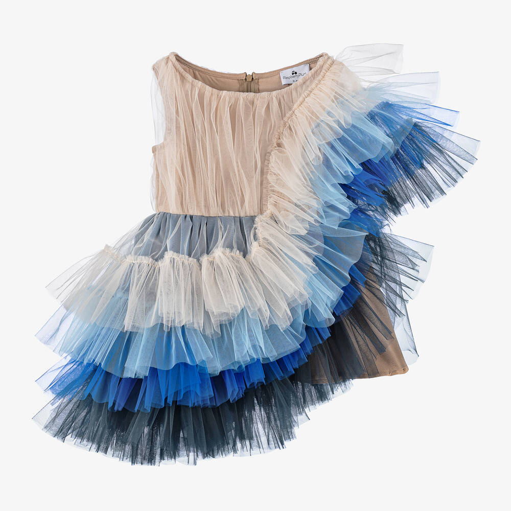RaspberryPlum - Girls Blue Asymmetric Tulle Dress  | Childrensalon