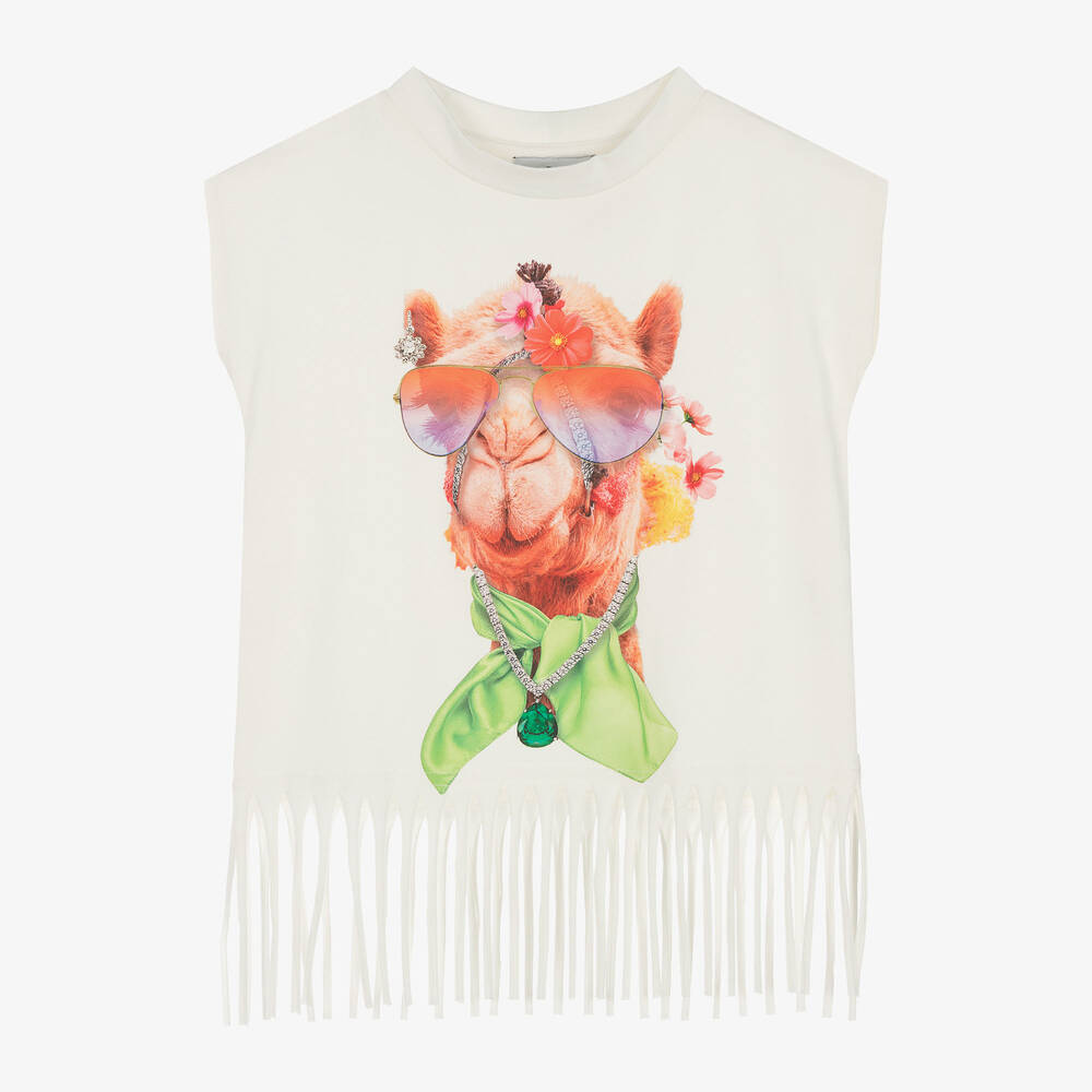 RaspberryPlum - Girls Ivory Cotton Fringed Camel T-Shirt | Childrensalon