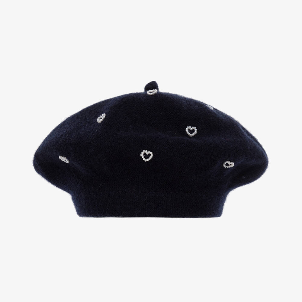 RaspberryPlum - Girls Navy Blue Pearly Heart Wool Beret | Childrensalon