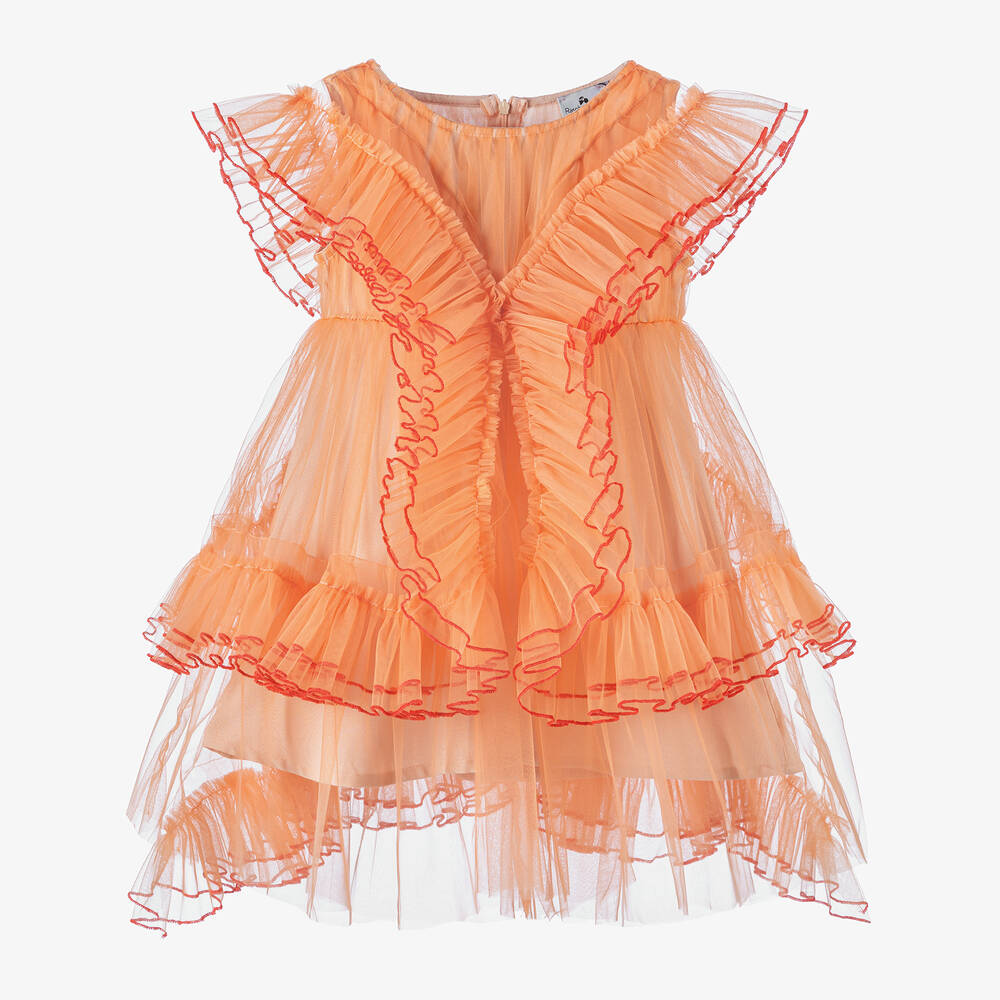 RaspberryPlum - فستان تول لون برتقالي مزين بكشكش | Childrensalon