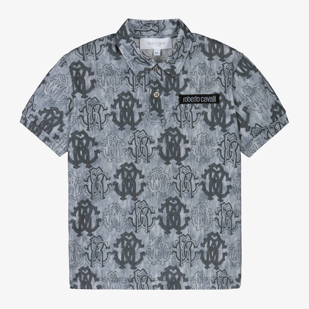 Roberto Cavalli - Boys Blue Cotton Monogram Polo Shirt | Childrensalon