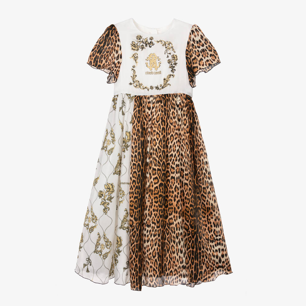Shop Roberto Cavalli Girls Beige Leopard & Arabesque Dress