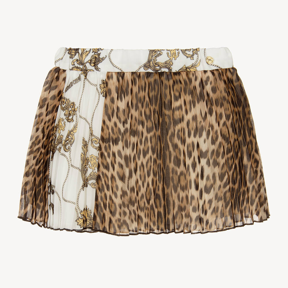 Roberto Cavalli - Girls Beige Leopard Print Pleated Skirt | Childrensalon