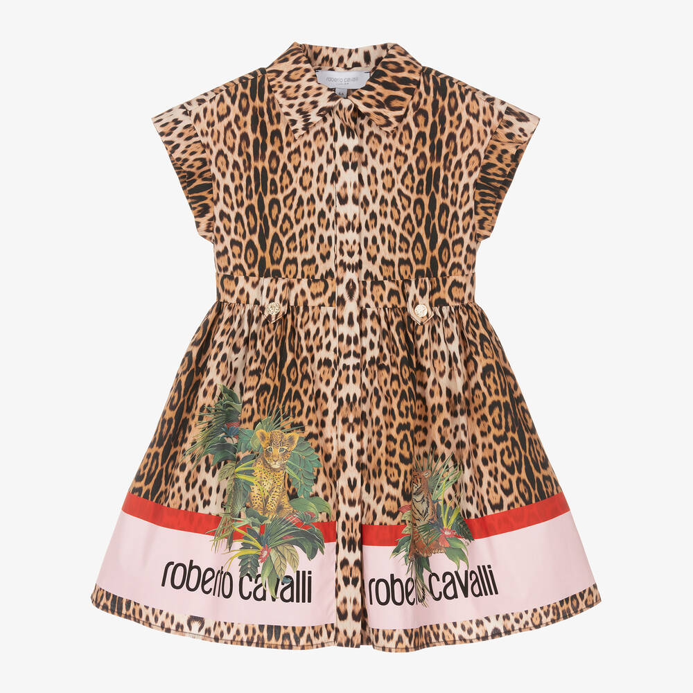 Roberto Cavalli - فستان قميص بطبعة الفهد قطن بوبلين لون بيج | Childrensalon