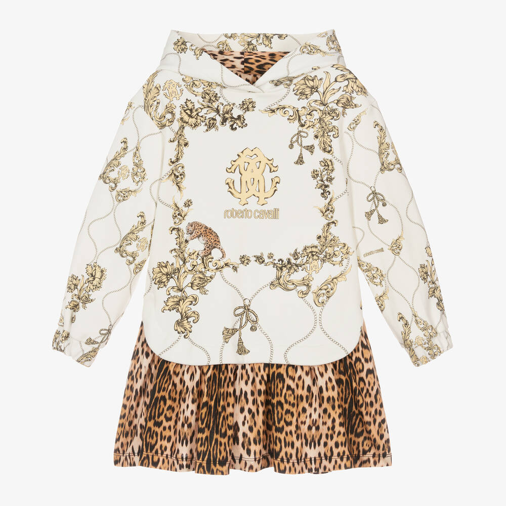 Shop Roberto Cavalli Girls Ivory Arabesque & Leopard Dress