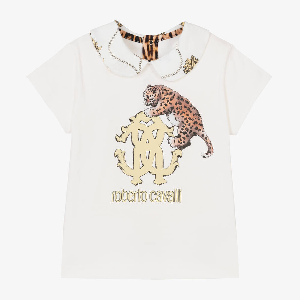 Shop Roberto Cavalli Girls Ivory Cotton Arabesque T-shirt