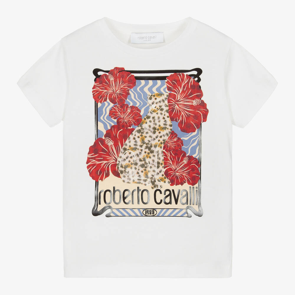 Roberto Cavalli - Girls Ivory Jaguar Print Cotton T-Shirt | Childrensalon