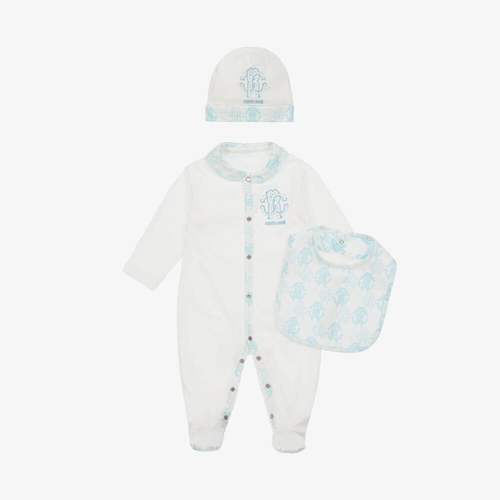 Roberto Cavalli - Ivory & Blue Cotton Monogram Babysuit Set | Childrensalon