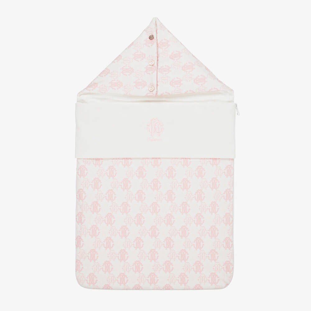 Roberto Cavalli - Ivory & Pink Cotton Monogram Baby Nest (73cm) | Childrensalon