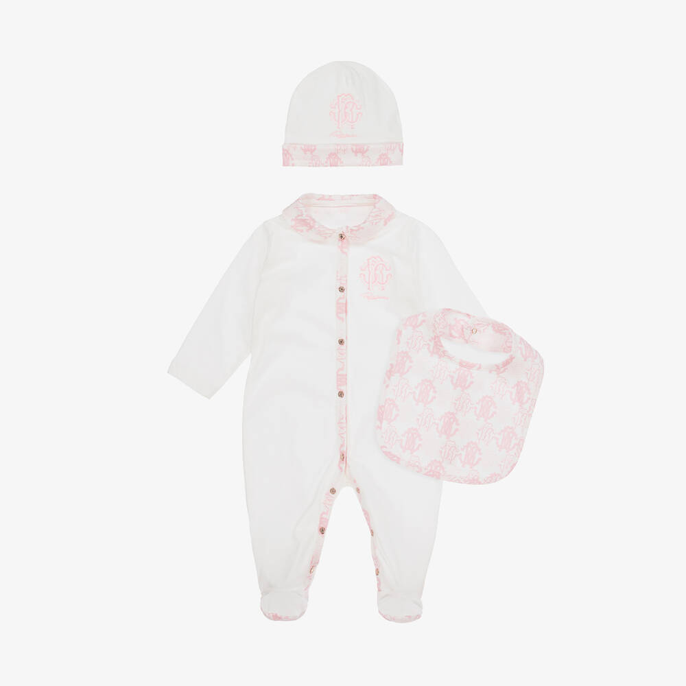 Roberto Cavalli - Ivory & Pink Cotton Monogram Babysuit Set | Childrensalon