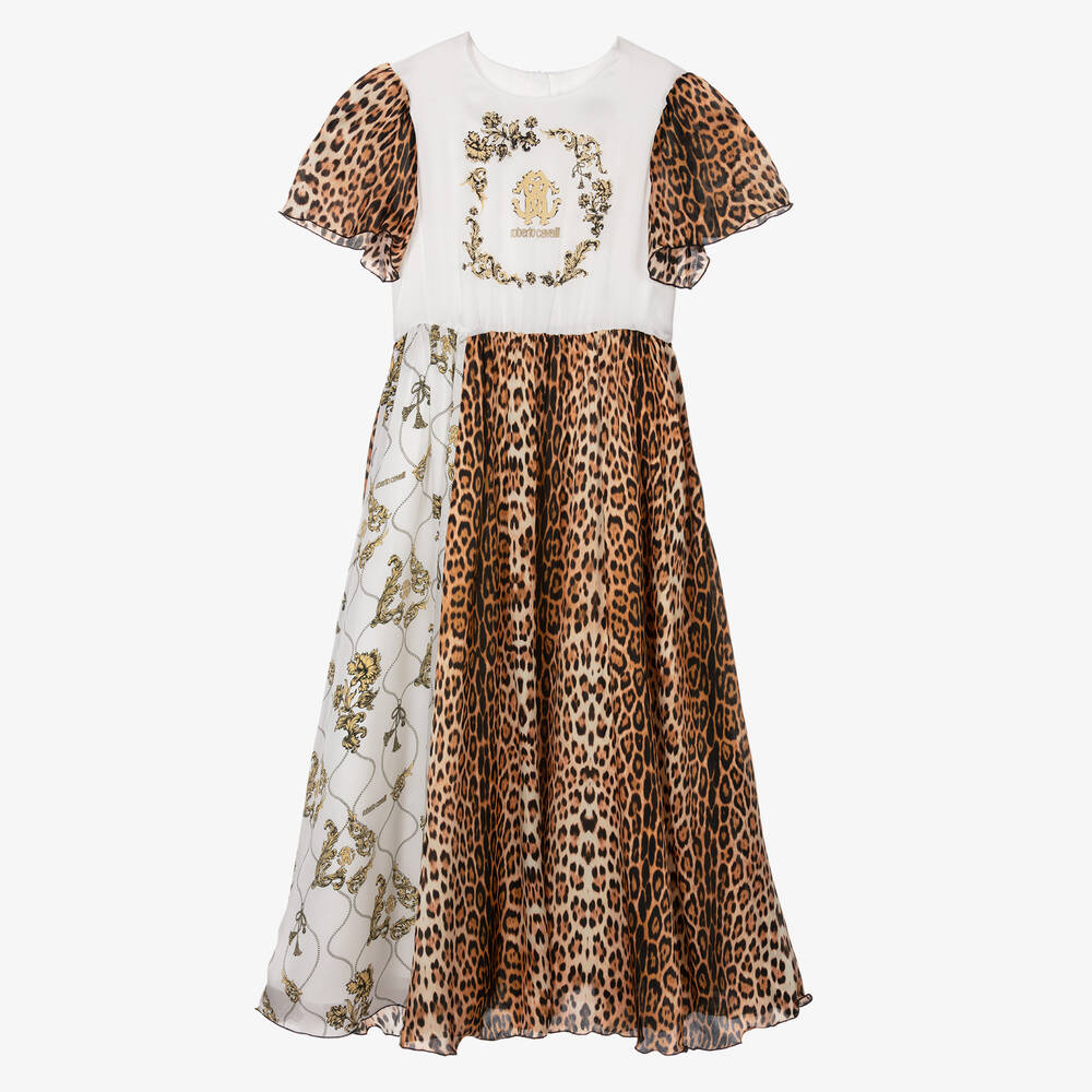 Roberto Cavalli - فستان بطبعة الفهد حرير لون عاجي وبيج | Childrensalon