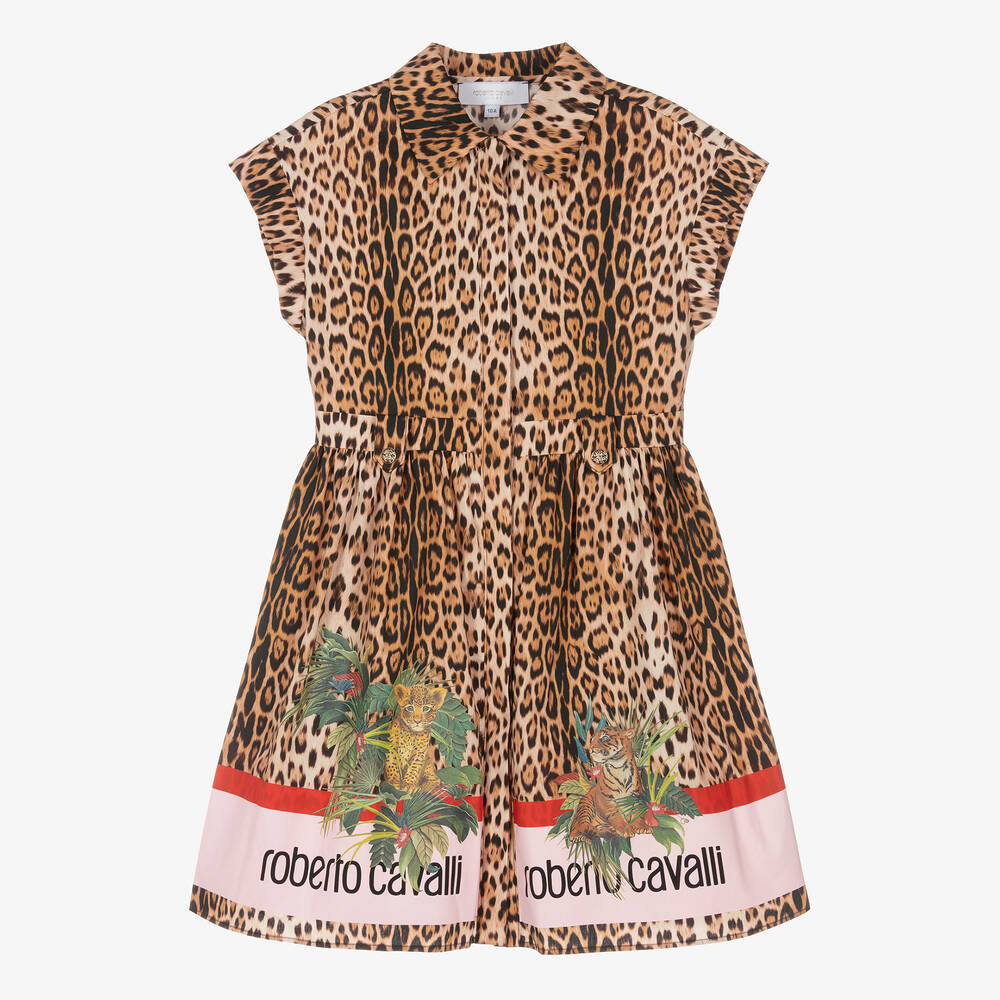 Roberto Cavalli - فستان قميص بطبعة الفهد قطن لون بيج للمراهقات | Childrensalon