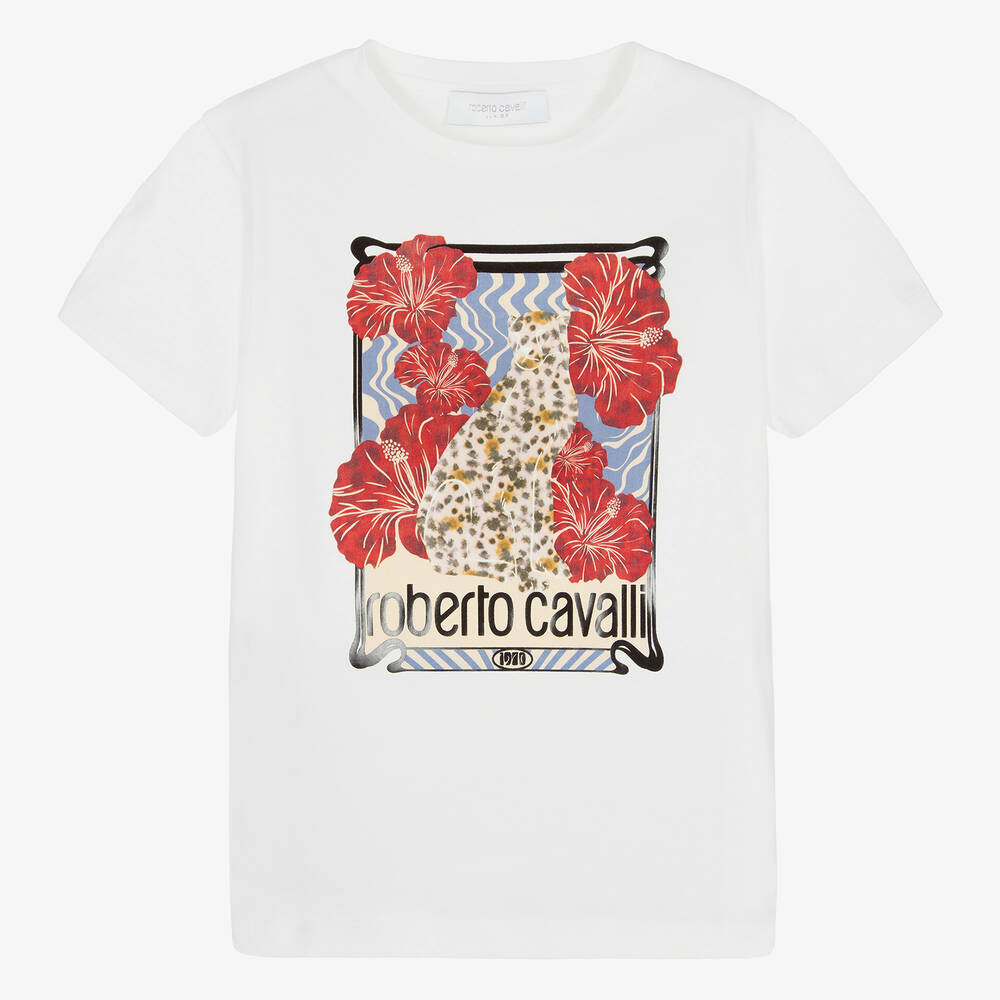 Roberto Cavalli - Teen Girls Ivory Jaguar Print Cotton T-Shirt | Childrensalon