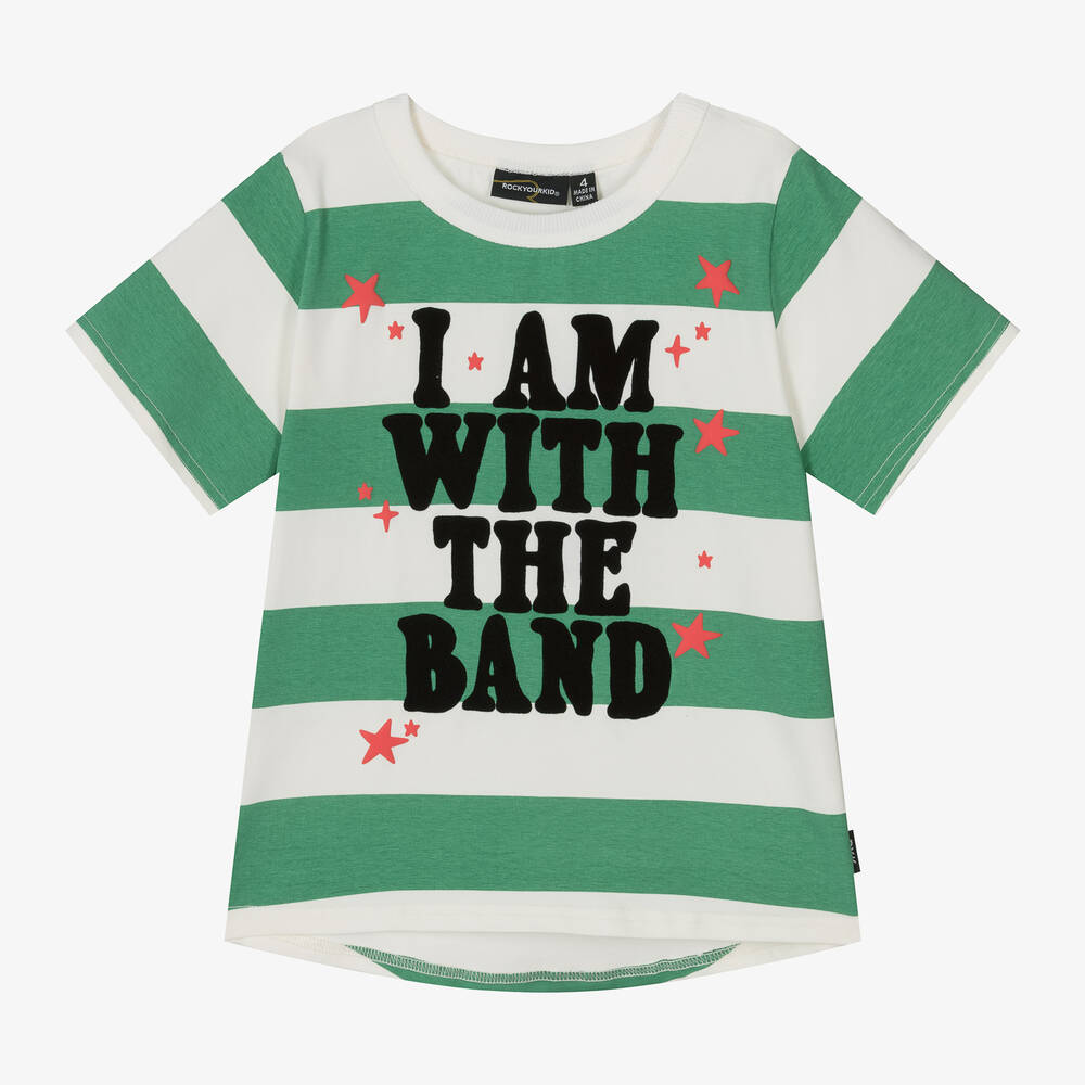 Shop Rock Your Baby Boys Green & Ivory Striped Cotton T-shirt