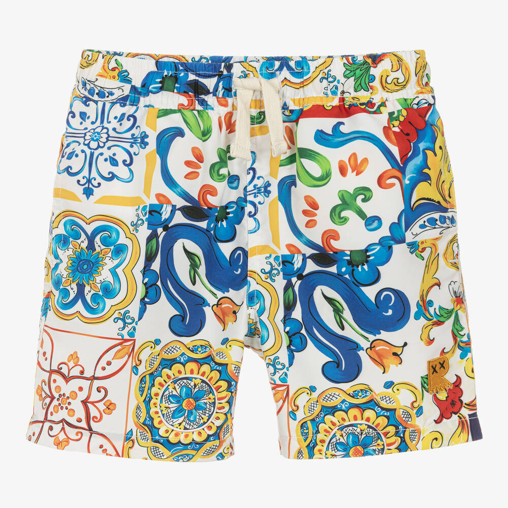 Rock Your Baby - Boys Ivory & Blue Sicily Print Swim Shorts | Childrensalon