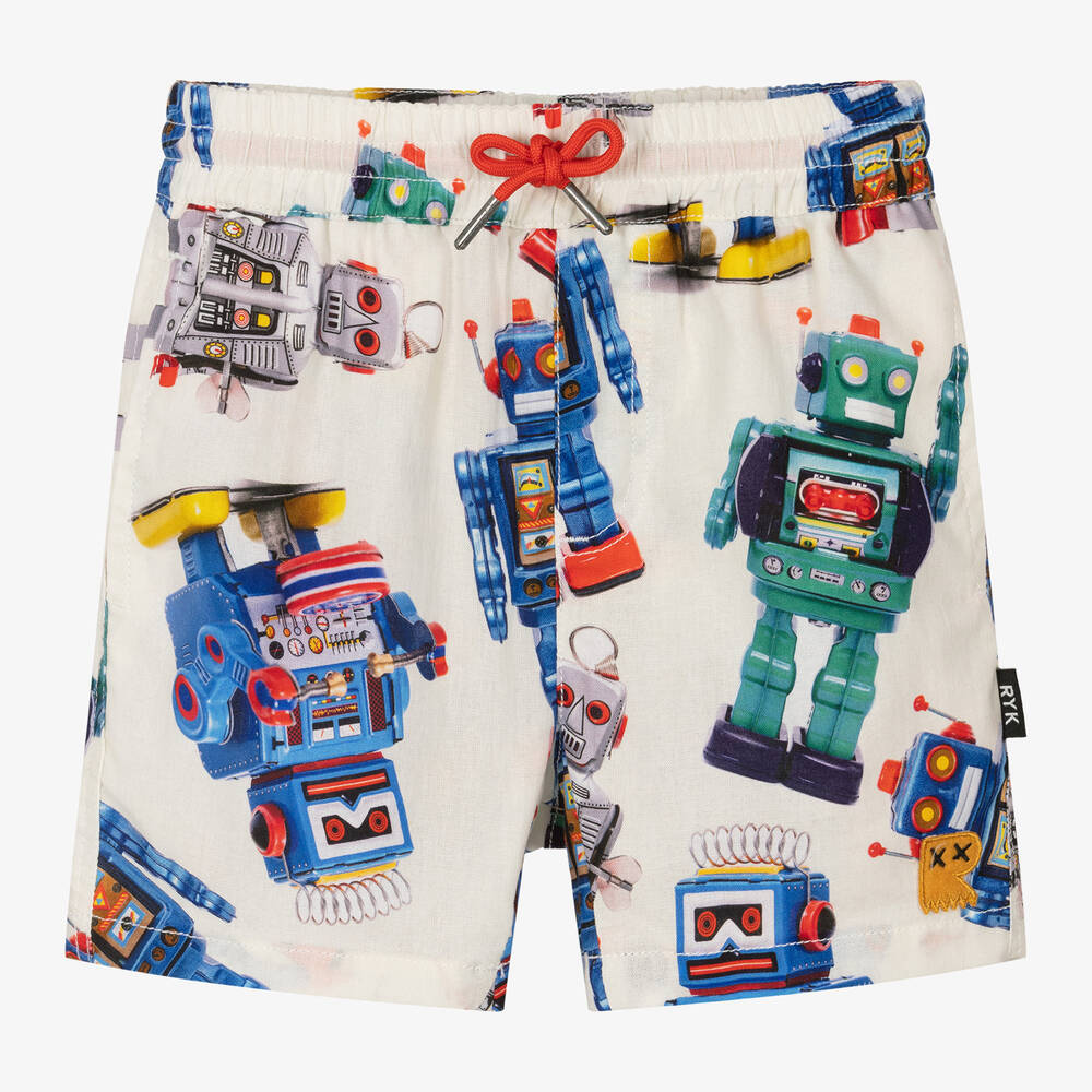 Rock Your Baby - Boys Ivory Cotton Robot Shorts | Childrensalon