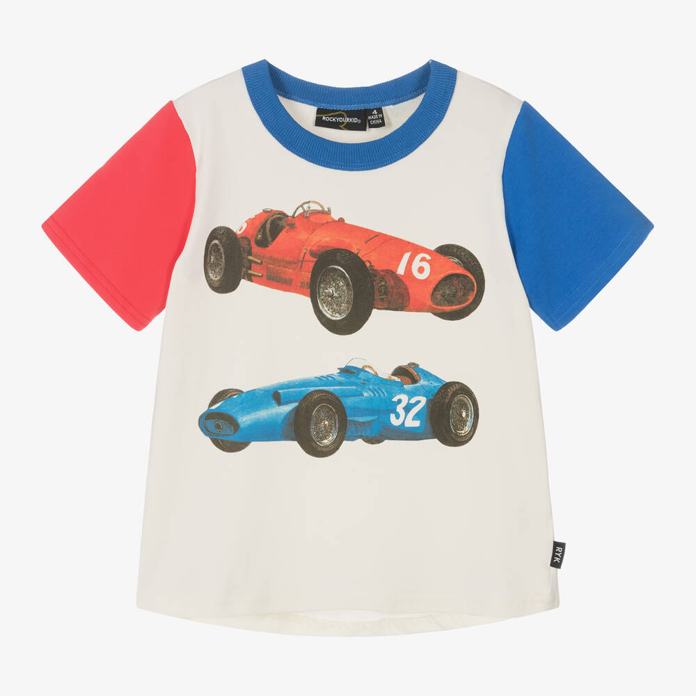 Rock Your Baby - Boys Ivory Cotton Vintage Racing T-Shirt | Childrensalon