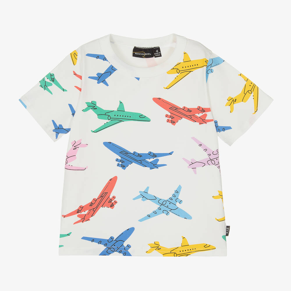 Shop Rock Your Baby Boys Ivory Plane Print Cotton T-shirt