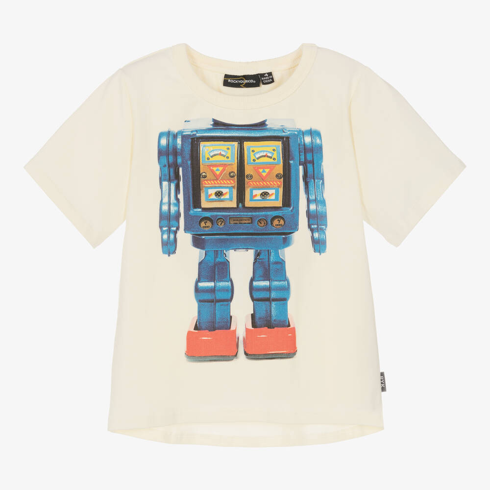 Rock Your Baby - Boys Ivory Robot Cotton T-Shirt | Childrensalon