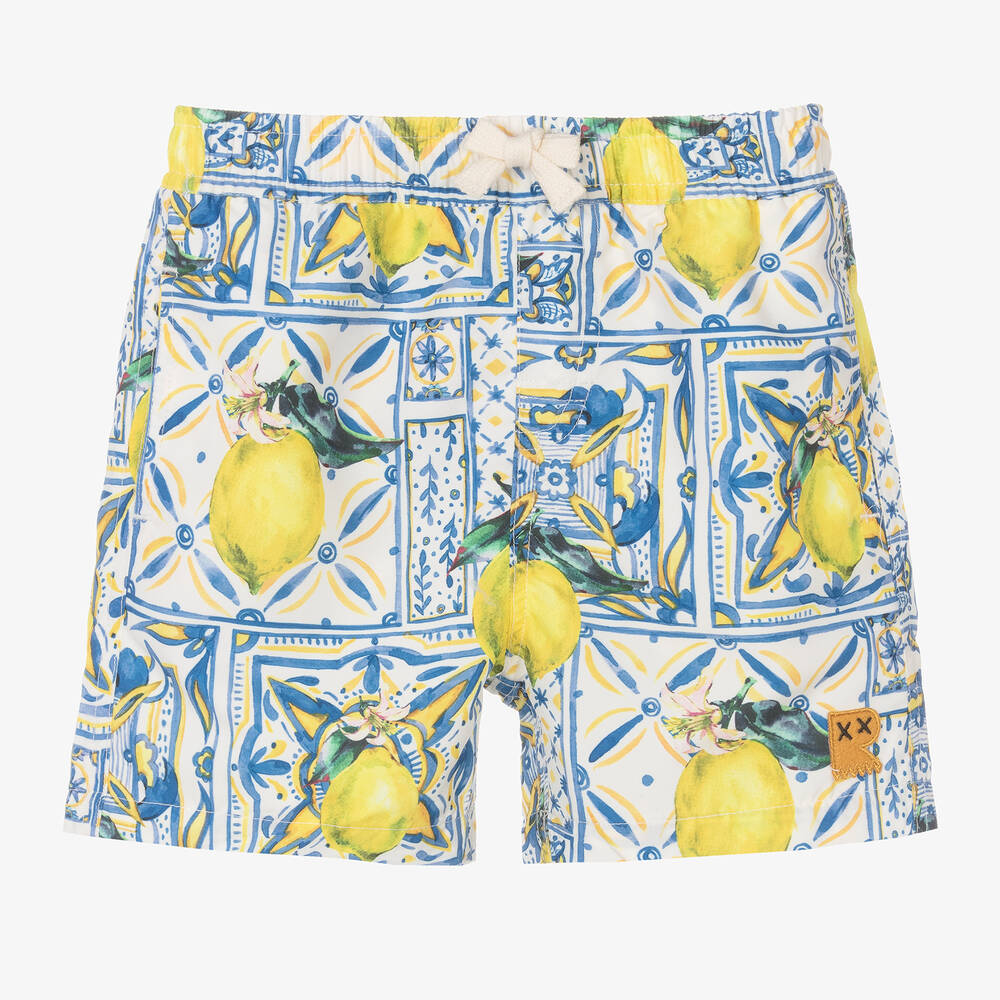 Rock Your Baby - Boys White & Blue Lemon Swim Shorts | Childrensalon