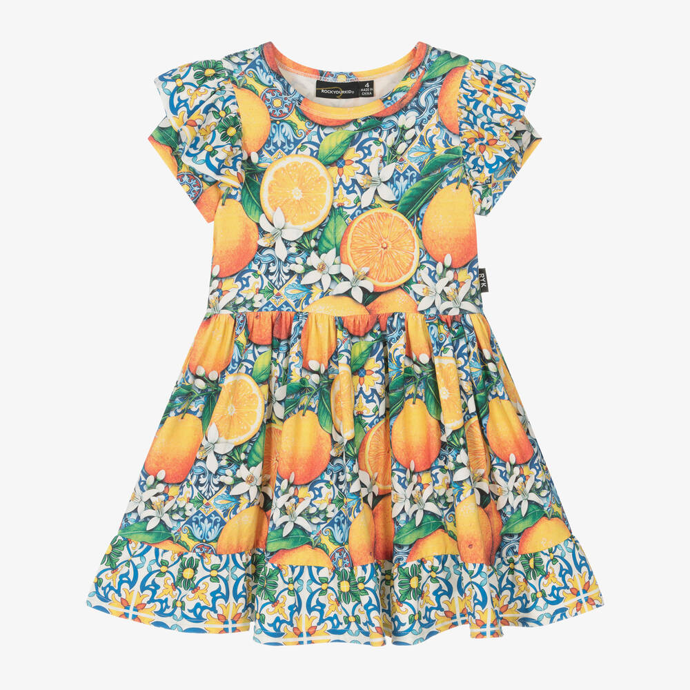 Rock Your Baby - Girls Blue Cotton Catania Oranges Dress | Childrensalon
