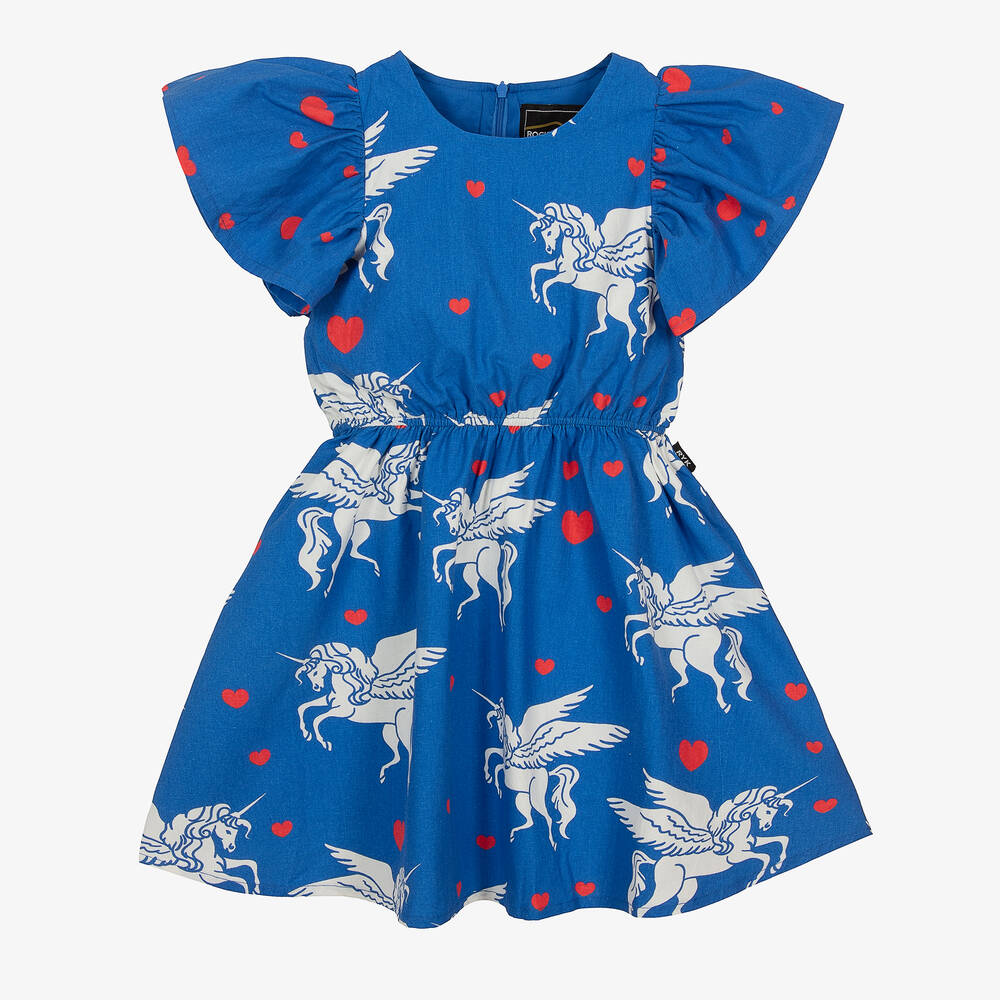 Rock Your Baby - Girls Blue Cotton Unicorn Dress | Childrensalon