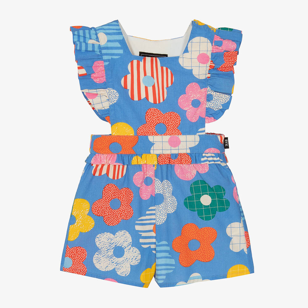 Rock Your Baby - Girls Blue Floral Print Cotton Playsuit | Childrensalon