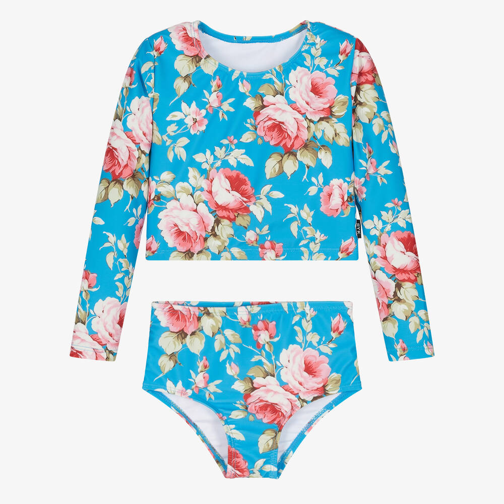 Rock Your Baby - Girls Blue Floral Tankini (UPF50+) | Childrensalon