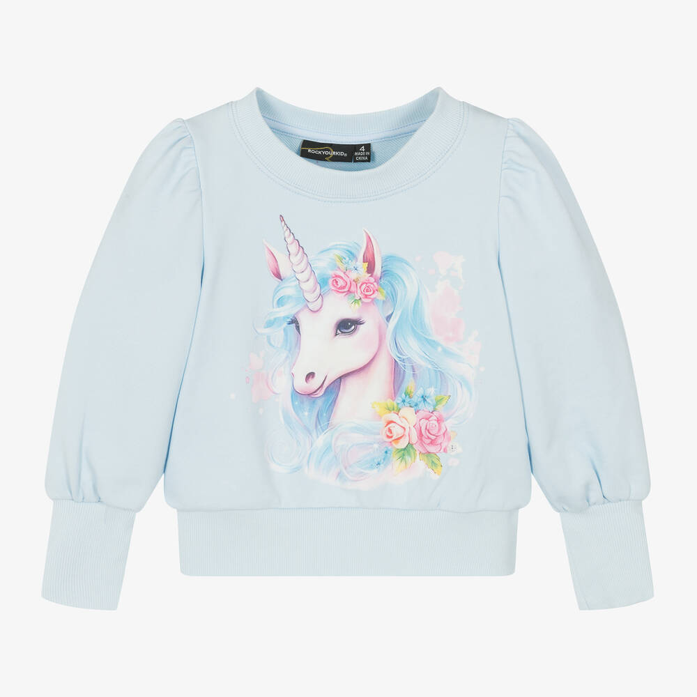 Rock Your Baby - Girls Blue Unicorn Cotton Sweatshirt | Childrensalon