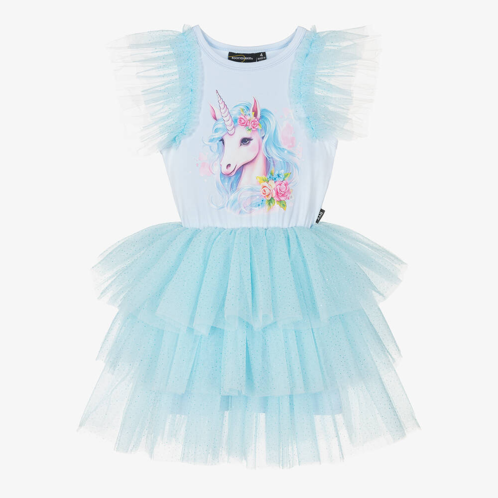 Rock Your Baby - Girls Blue Unicorn Tulle Dress | Childrensalon