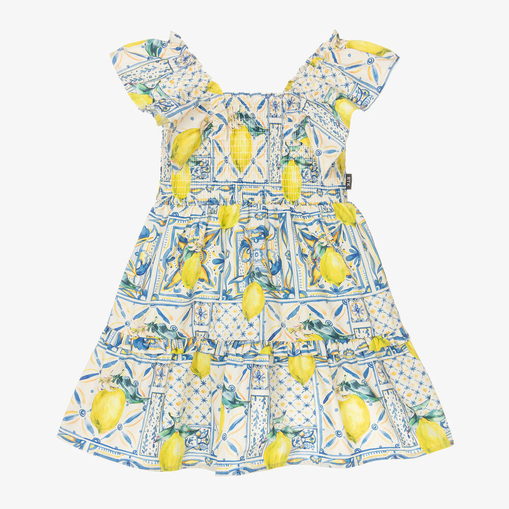 Rock Your Baby - Girls Ivory & Blue Lemon Cotton Dress | Childrensalon