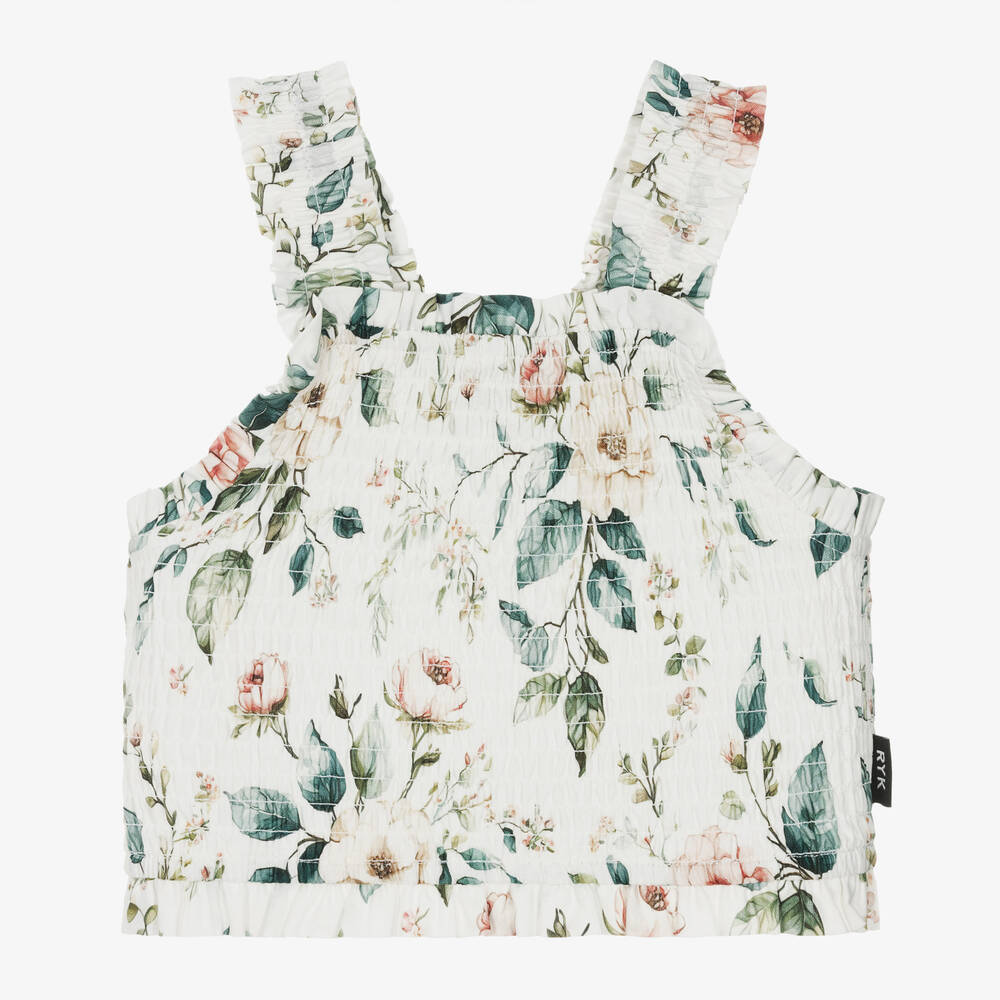 Rock Your Baby - Girls Ivory Floral Cotton Shirred Top | Childrensalon