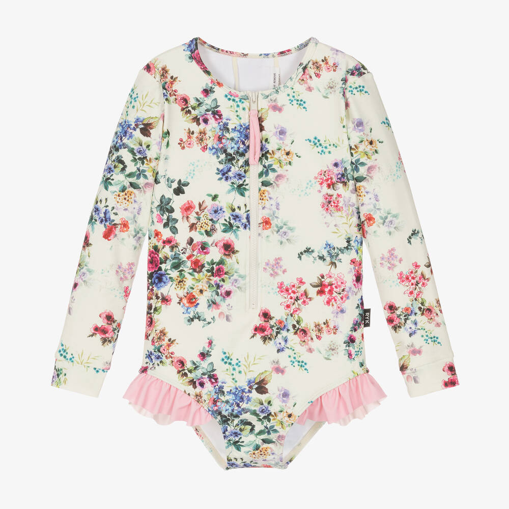 Rock Your Baby - Girls Ivory Floral Swimsuit (UPF50+) | Childrensalon