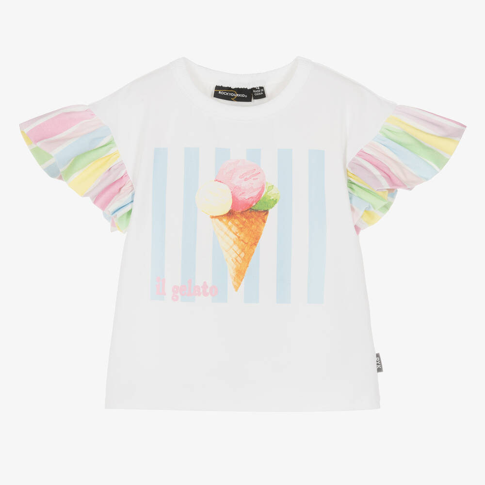 Rock Your Baby - Girls Ivory Ice Cream Cotton T-Shirt | Childrensalon