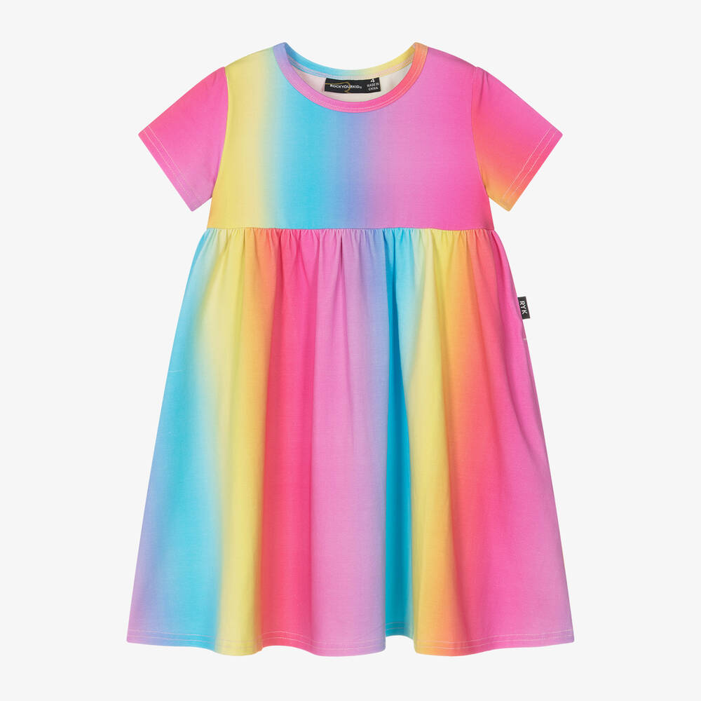 Rock Your Baby - Girls Pink Cotton Rainbow Dress | Childrensalon